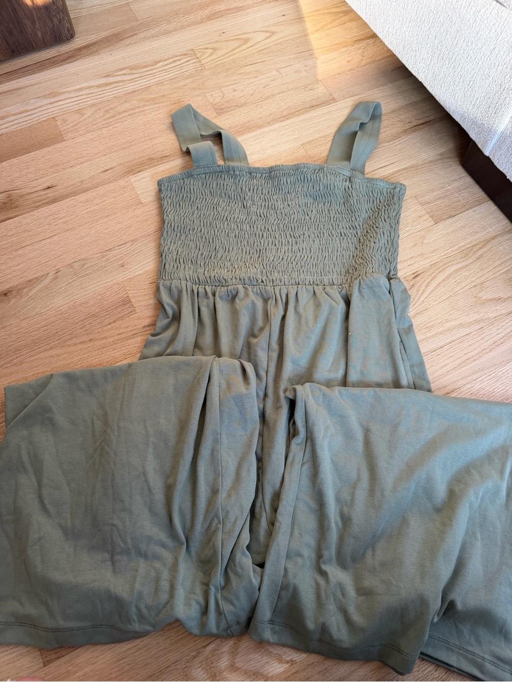 Smocked Strappy Jumpsuit in Olive